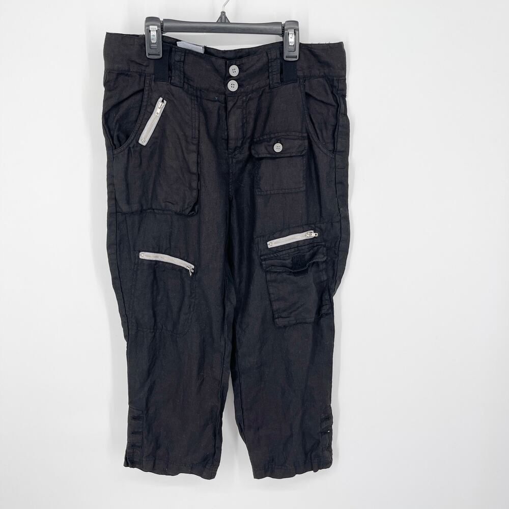 Pete & Greta by Johnny Was Linen Cargo Capri Pants w/ Pockets Y2K Sz 10 Black